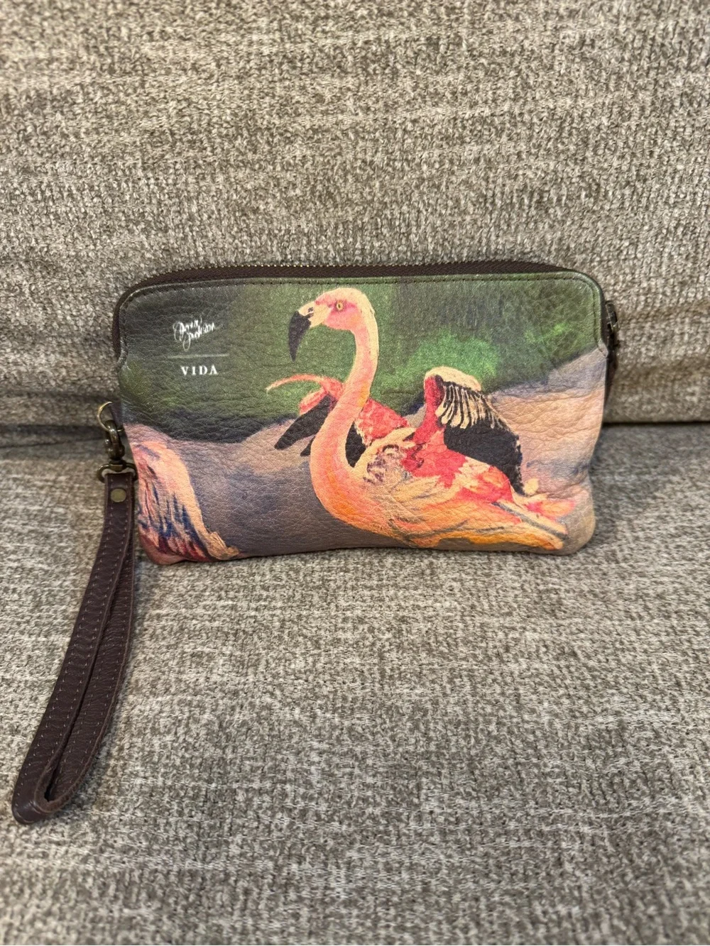 VIDA Flamingo Print Wristlet in Pink and Green - Picture 1 of 12